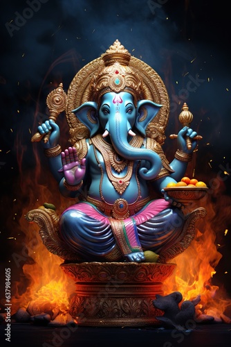 Ganesha Hindu God , with flowers, oil painting taken up into heaven, sitting in front of bokeh mandala background