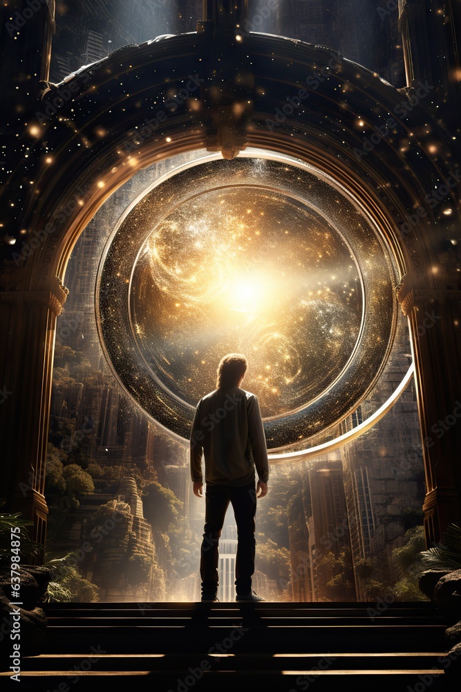 man in front of portals to fantasy dimensions that radiate power and energy, dramatic, saturated, high contrast, powerful, glowing edges. game and dream concept.
