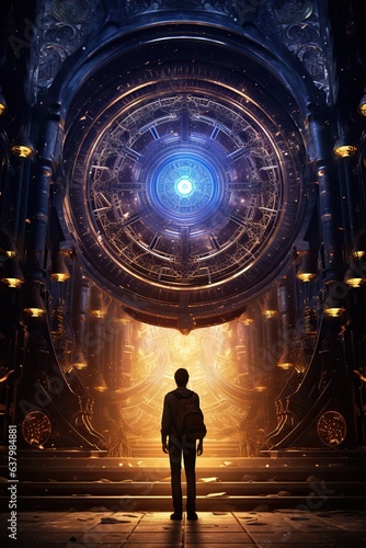man in front of portals to fantasy dimensions that radiate power and energy, dramatic, saturated, high contrast, powerful, glowing edges. game and dream concept.