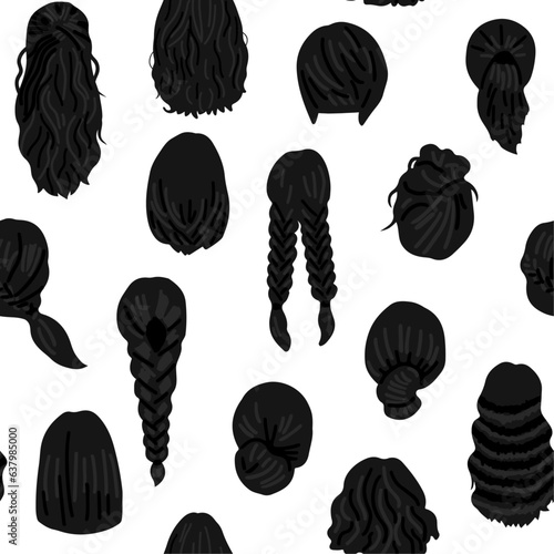 Women hairstyle concept. Seamless pattern with natural wigs and beautiful hairstyles. Back view vector illustration