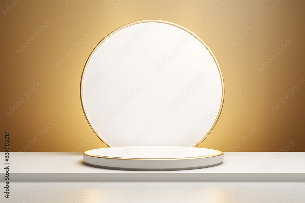 Render of product display, cosmetic display, white and golden background Render of product display, cosmetic display, white and golden background