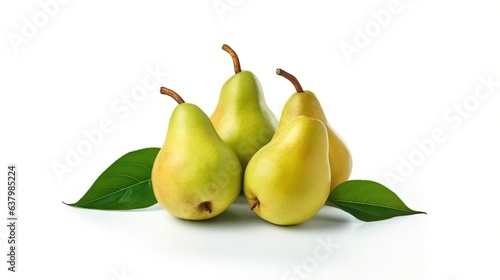 Pears with a green glaze. a fruit with leaves that is a pear in whole and half. Floral botanical composition that is realistic. On a white background, take a photo of yourself. unusual culinary design