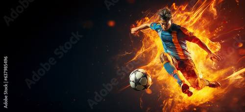 the essence of a soccer player in motion as they kick a ball with intense energy, surrounded by vibrant colors and splashes © CravenA