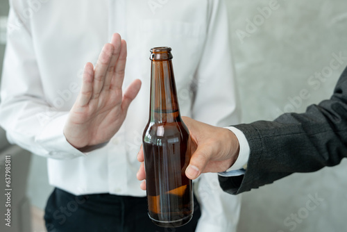 Bilde på lerret man refuses say no and avoid to drink alcohol at work, stopping hand sign male, alcoholism treatment, alcohol addiction, quit booze, Stop Drinking Alcohol