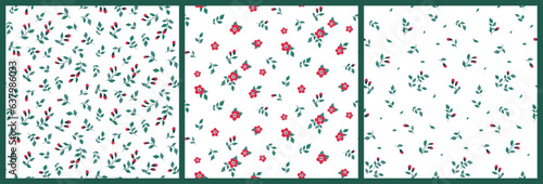 Seamless floral pattern, liberty ditsy print with simple mini plants in collection. Cute botanical design, ornament: small hand drawn red flowers, tiny twigs, leaves on a white background. Vector.
