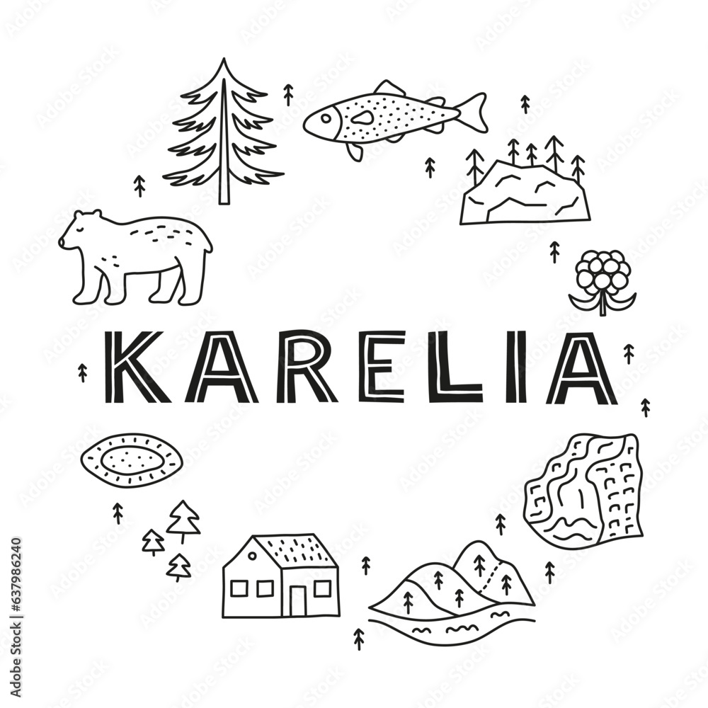 Doodle outline Karelia icons in circle. Doodle outline Karelia icons in circle.