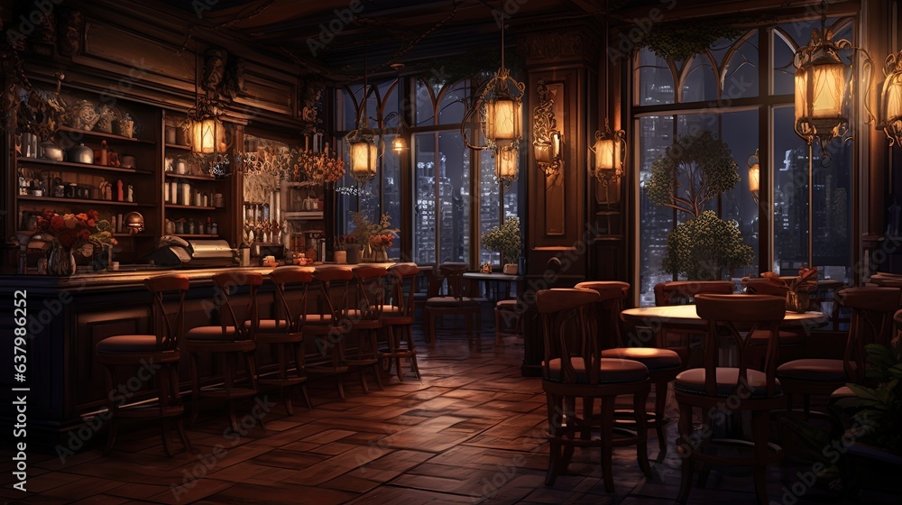 a very cozy coffee shop with beautiful wooden tables and chairs, in the style of darkly romantic, dark beige and amber