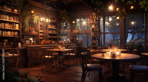 a very cozy coffee shop with beautiful wooden tables and chairs, in the style of darkly romantic, dark beige and amber