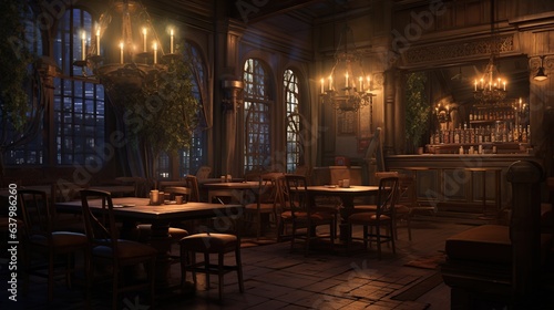 a very cozy coffee shop with beautiful wooden tables and chairs  in the style of darkly romantic  dark beige and amber