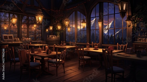 a very cozy coffee shop with beautiful wooden tables and chairs, in the style of darkly romantic, dark beige and amber © CravenA