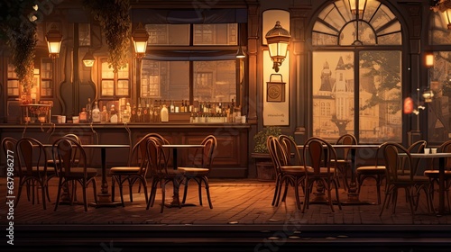 a very cozy coffee shop with beautiful wooden tables and chairs, in the style of darkly romantic, dark beige and amber