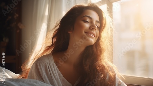Beautiful woman is waking up in the morning, lying in bed, sun shines on her from the big window. Happy young girl greets new day with warm sunlight flare. 