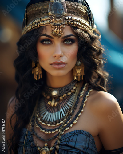 A woman gracefully adorned in attire reminiscent of the ancient Egyptian civilization, exuding an air of timeless elegance and cultural allure. Woman of ancient Egypt.