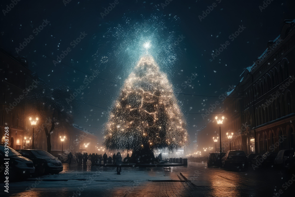 Fototapeta premium A big beautiful decorated Christmas tree for the new year. Celebrating Christmas, New Year's holidays. Christmas tree in the center of the old town. Generative AI.