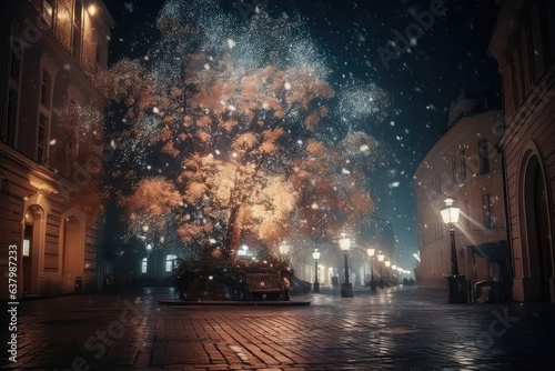A big beautiful decorated Christmas tree for the new year. Celebrating Christmas, New Year's holidays. Christmas tree in the center of the old town. Generative AI.