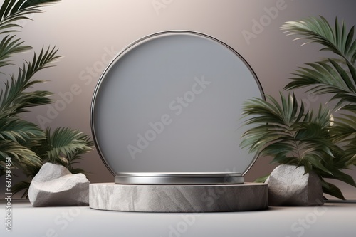 round marble 3d render rock podium with palm tree leaves. Product photography set design backdrop.