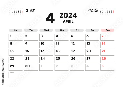 2024年4月のカレンダー - 月曜始まりの月めくりカレンダー - 3ヶ月分･祝日表記なし･A版比率
