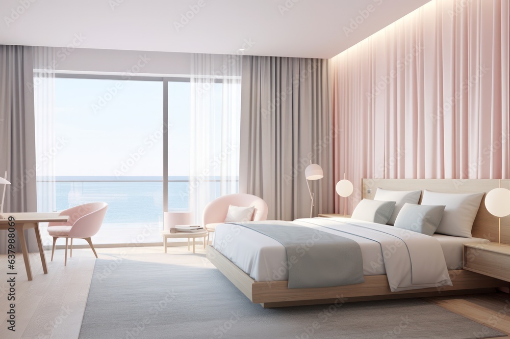 Pastel pink interior of hotel room. Bedroom in modern apartment with panoramic windows. Pastel pink interior of hotel room. Bedroom in modern apartment with panoramic windows.