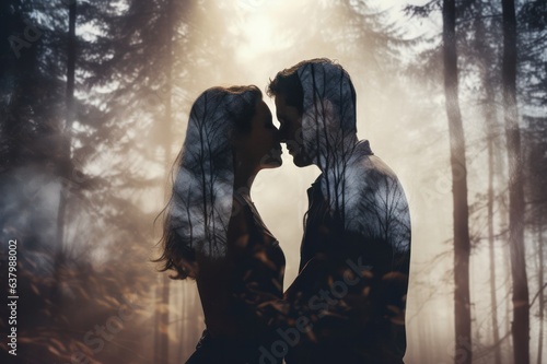 Wallpaper Mural couple kissing in nature double exposure. Silhouette of man and woman together. Love and relationships concept.  Dating concept. Torontodigital.ca