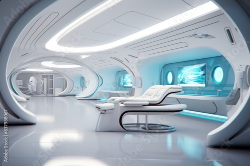 futuristic hospital interior with medical equipment.  d body scan. Health checkup and insurance. © Dina