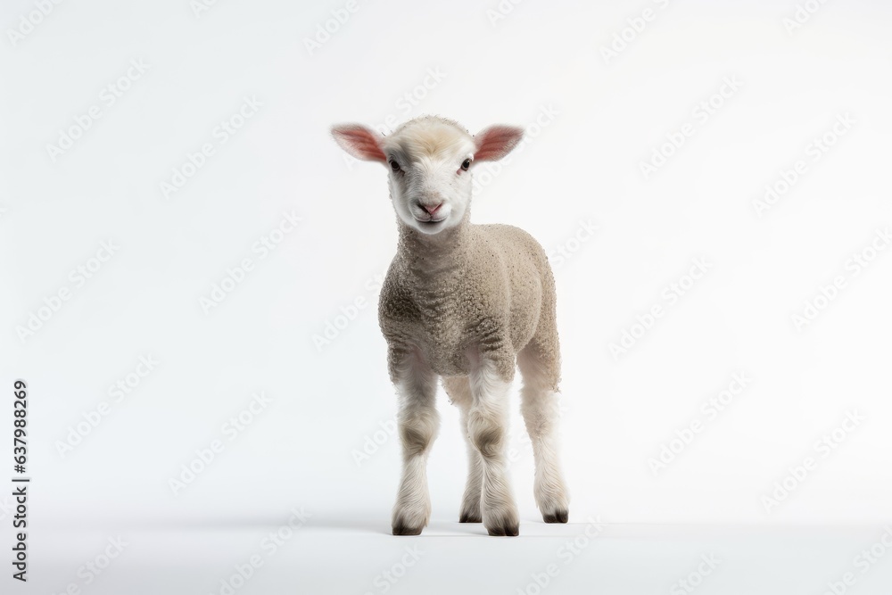 Fototapeta premium Cutout of a young sheep lamb looking at the camera on a white backdrop. full length side view of the body idea of innocence and giving something up. nobody is present. a space bar