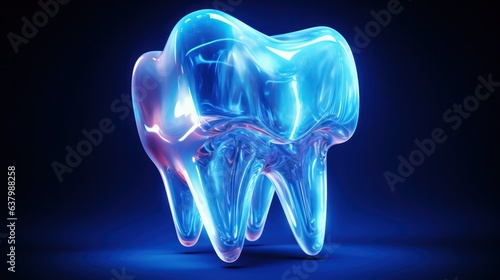 blue neon tooth 3d mesh illustration. glowing dentist clinic medical poster.