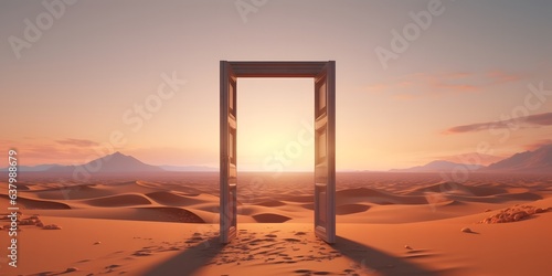 Opened door on desert. Unknown and start up concept. This is a 3d illustration