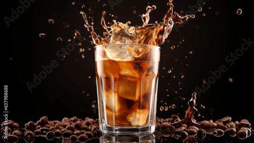 Ice cubes falling on a glass of iced coffee
