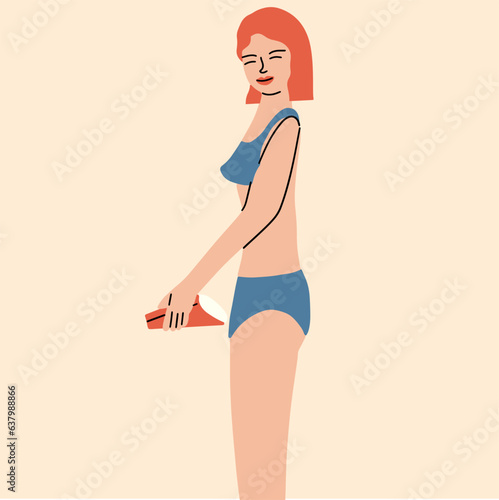 Woman with Disposable Pee Funnel. Vector illustration in hand drawn style.
