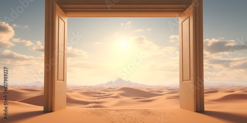 Opened door on desert. Unknown and start up concept. This is a 3d illustration