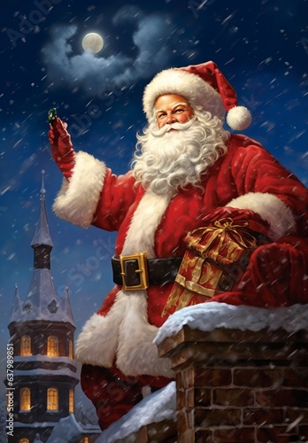 Illustration of Santa Claus painting on a rooftop created with Generative AI technology