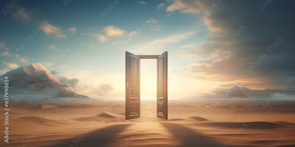 Opened door on desert. Unknown and start up concept. This is a 3d illustration