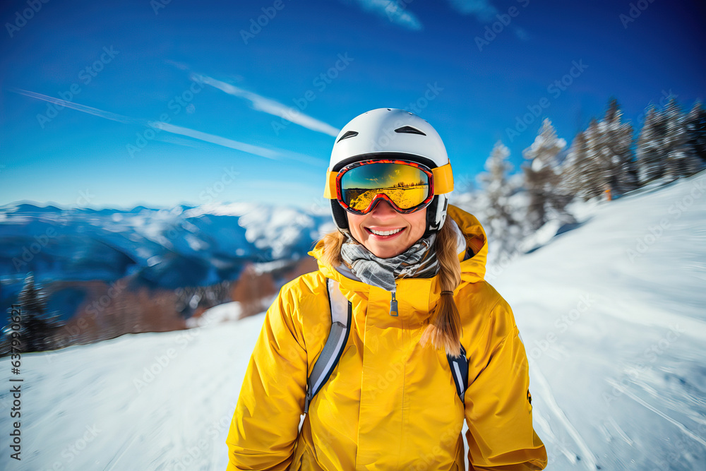 Young woman skiing on a snowy mountain