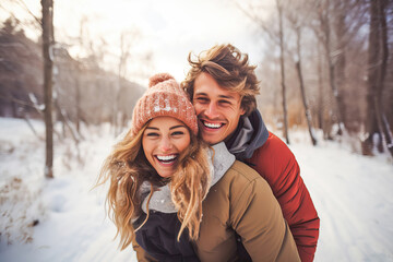 Happy couple enjoying a snowy day