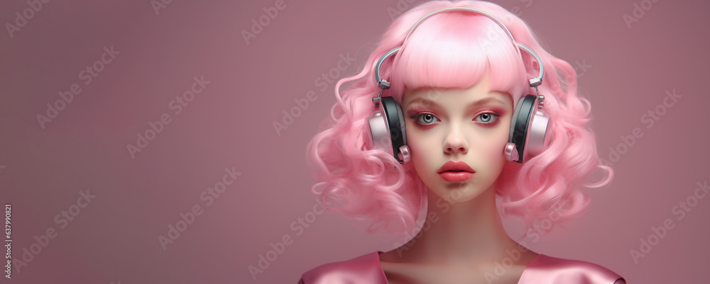 Pink hair woman standing against pink background, young woman with pink hair and perfect complexion wearing silver headphones. 