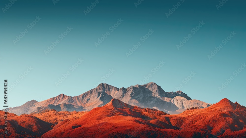 A majestic mountain range adorned in hues of red, orange, and gold, set against a clear blue sky - Generative ai