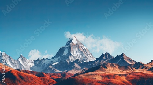 A majestic mountain range adorned in hues of red, orange, and gold, set against a clear blue sky - Generative ai