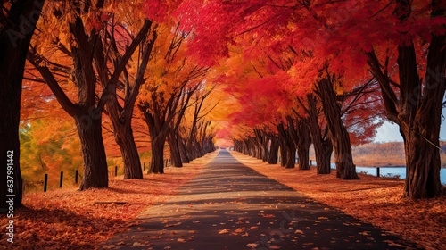 A picturesque path lined with maple trees in their full fall glory, creating a captivating canopy of color - Generative ai