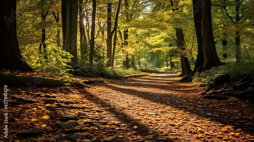 A sun-dappled forest path beckoning through the trees, the fallen leaves creating a vivid mosaic underfoot - Generative ai