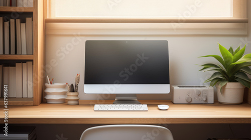 A clean and organized desk with a computer monitor and keyboard