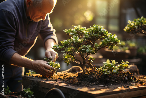 A Gardener Carefully Pruning a Bonsai Tree with Delicate Foliage, happiness and love, 