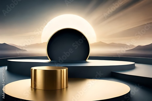 Abstract dark 3D background with realistic gold cylinder pedestal podium, gol...