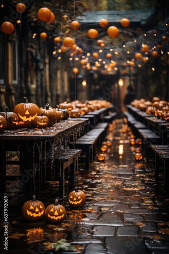 Festive Halloween Celebration with Scary Jack-O'-Lantern Pumpkin and Spooky Decorations. © branislavp