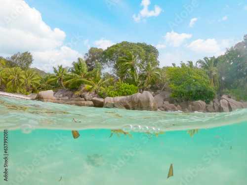 Split underwater view of Anse Severe turquoise water