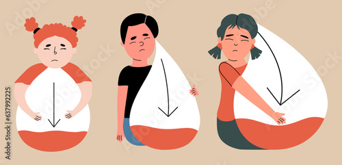 A set of children suffering from hypoglycemia, low blood sugar. The concept of anemia in a child. Vector illustration in hand drawn style.