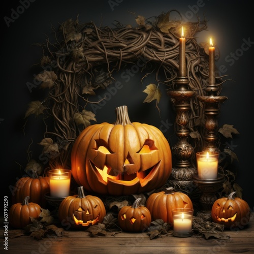 Festive pumpkin decor celebrates autumn harvest and holiday spirit.Kalloween party decoration.