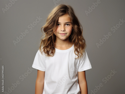 Cute girl with long brown hair wearing white outfit. T-shirt template, print presentation mockup. Happy child standing against neutral grey wall background.