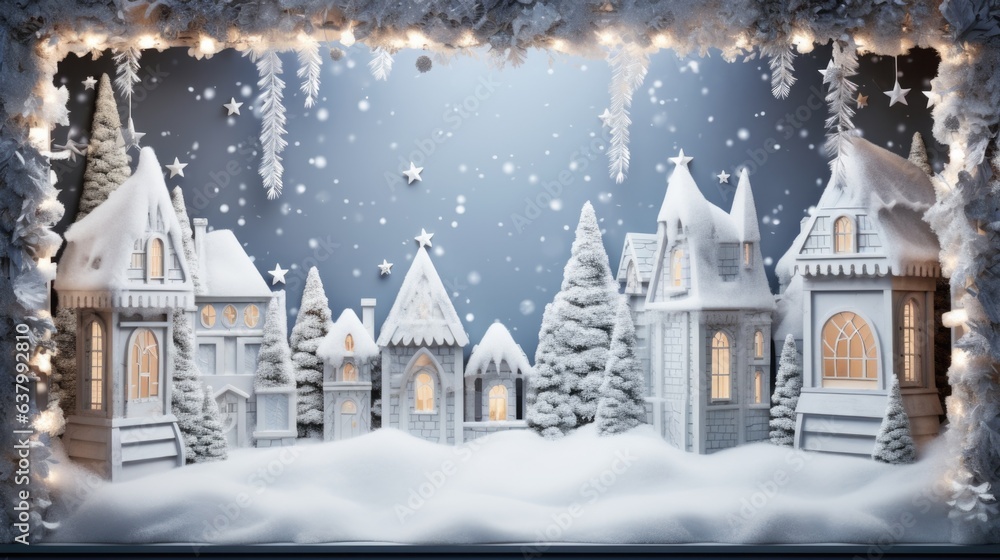 A christmas scene with a snow covered town