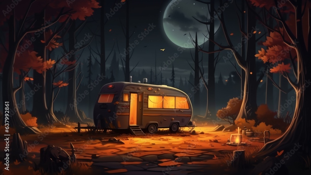 A camper is parked in the woods at night