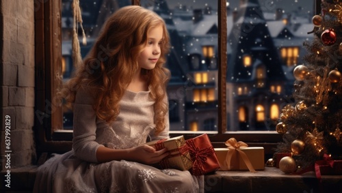 A little girl sitting on a window sill holding a present